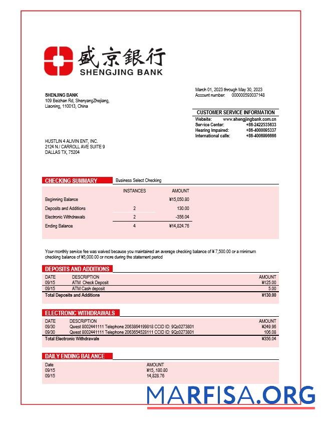 Blank Shengjing Bank company checking account statement Word and PDF templa real example